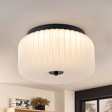 C Cattleya 10.75-Inch Black Flush Mount Ceiling Light with White Frosted Ribbed Glass Shade