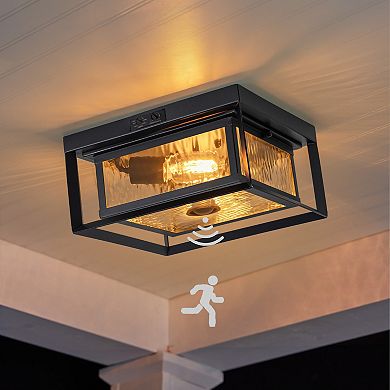 C Cattleya 11-Inch Matte Black Outdoor Motion Sensor Flush Mount Light with Water Glass