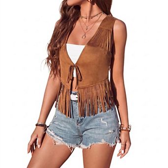 Women's Western Fringe Suede Vest Chic Cowboy Poncho Sleeveless Coats