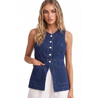 Women's Slim Fit Sleeveless Button Front Denim Vest Jean Vest Top