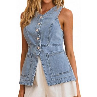 Women's Slim Fit Sleeveless Button Front Denim Vest Jean Vest Top