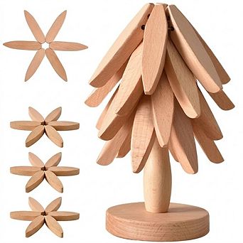 Tree Shape Wooden Trivet Set with Stand Beech Wood