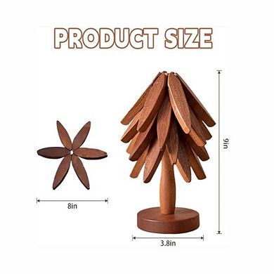 Tree Shape Wooden Trivet Set with Stand Beech Wood