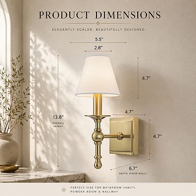 1-Light Warm Brass Classic Wall Sconce With Fabric Shade Dimmable Contemporary Bath Sconce