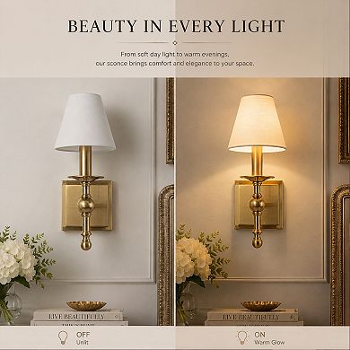 1-Light Warm Brass Classic Wall Sconce With Fabric Shade Dimmable Contemporary Bath Sconce