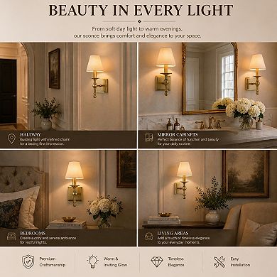 1-Light Warm Brass Classic Wall Sconce With Fabric Shade Dimmable Contemporary Bath Sconce