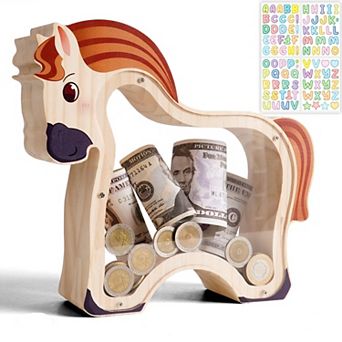 Wooden Brown Horse Piggy Bank: DIY Sticker, Unbreakable, Educational, Perfect for Kids