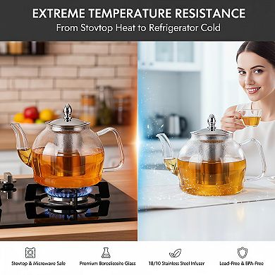 1000ml Glass Teapot with Removable Infuser, Stovetop Safe for All Tea Types