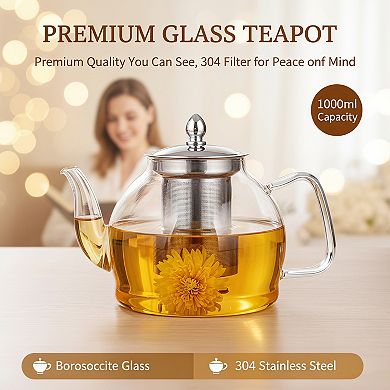 1000ml Glass Teapot with Removable Infuser, Stovetop Safe for All Tea Types