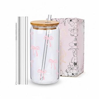 Coquette Pink Bow Glass Cup w/Lid Straws Iced Coffee Tumbler Girly Preppy Gift Women Teen Girl