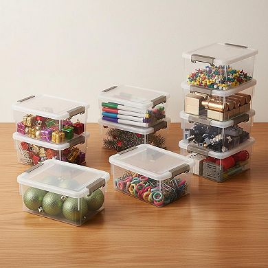 10 Pack 1.3 Qt Stackable Plastic Storage Bins with Lids Clear White Organizer