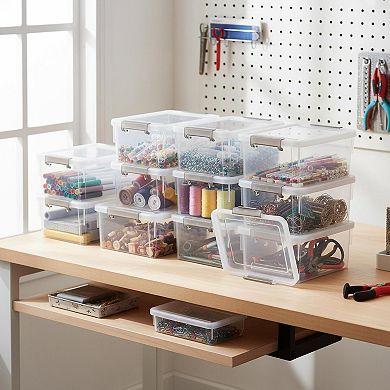 10 Pack 1.3 Qt Stackable Plastic Storage Bins with Lids Clear White Organizer