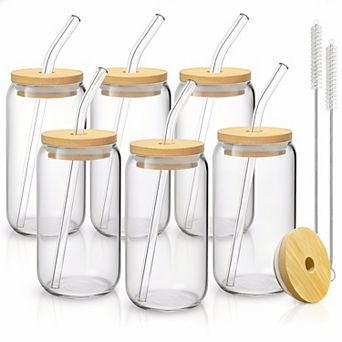 16 Oz Glass Cups With Lids Straws 6 Pack Cleaning Brushes Iced Coffee Beer