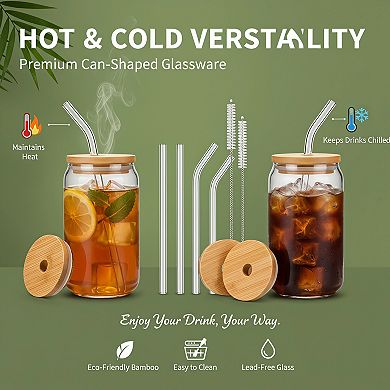 16 Oz Glass Cups With Lids Straws 6 Pack Cleaning Brushes Iced Coffee Beer