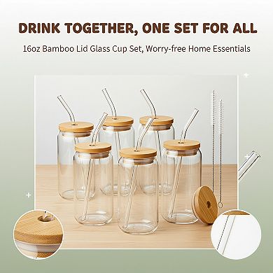 16 Oz Glass Cups With Lids Straws 6 Pack Cleaning Brushes Iced Coffee Beer
