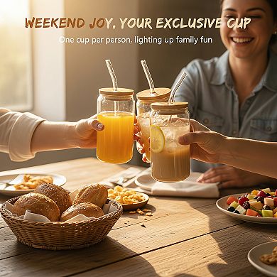 16 Oz Glass Cups With Lids Straws 6 Pack Cleaning Brushes Iced Coffee Beer