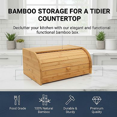 Natural 100% Bamboo Bread Storage Box, Roll Top Design for Kitchen Counter