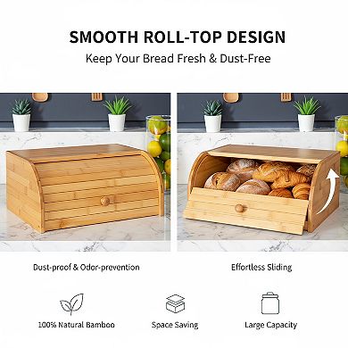 Natural 100% Bamboo Bread Storage Box, Roll Top Design for Kitchen Counter