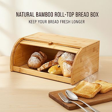 Natural 100% Bamboo Bread Storage Box, Roll Top Design for Kitchen Counter