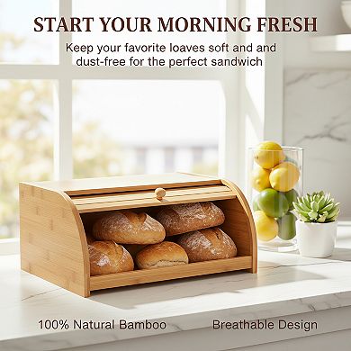 Natural 100% Bamboo Bread Storage Box, Roll Top Design for Kitchen Counter