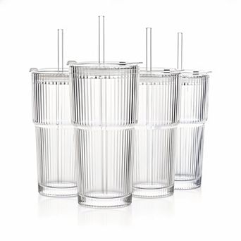 20 Oz Ribbed Glass Tumblers 4 pc Set with Lids Straws for Iced Coffee Smoothies