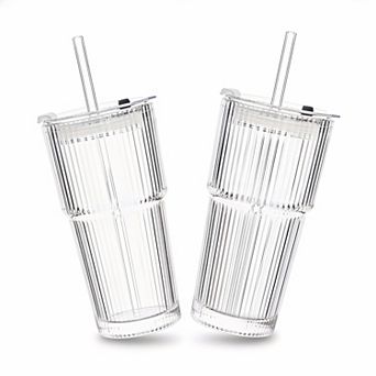 2-Pack 20oz Ribbed Glass Tumblers with Lids Straws Iced Coffee Smoothie Cocktail Glasses