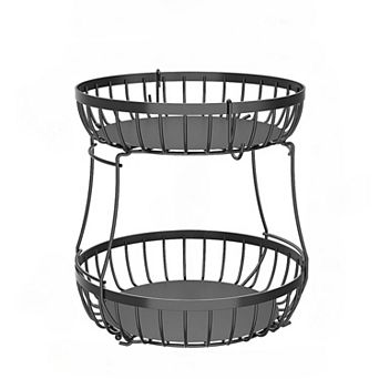 2 tier Large Fruit Basket for Kitchen Counter with 2 Banana Hangers, Metal Stackable Fruit Bowl