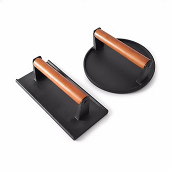 Flat Bottom Cast Iron Presses with Wood Handle, Round Rectangle for Grill Griddle