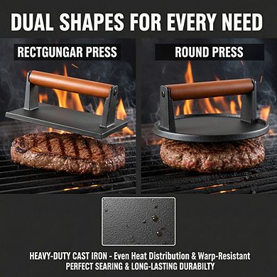 Flat Bottom Cast Iron Presses with Wood Handle, Round Rectangle for Grill Griddle