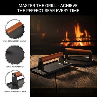 Flat Bottom Cast Iron Presses with Wood Handle, Round Rectangle for Grill Griddle