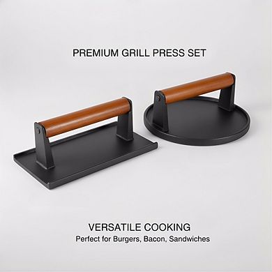 Flat Bottom Cast Iron Presses with Wood Handle, Round Rectangle for Grill Griddle