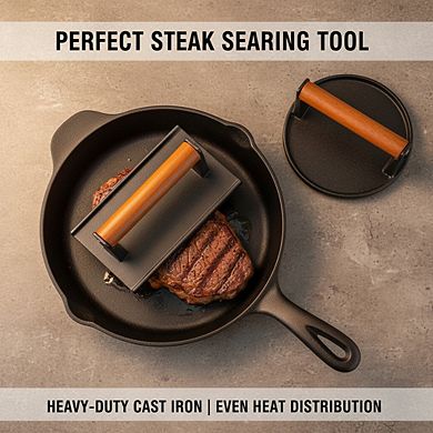 Flat Bottom Cast Iron Presses with Wood Handle, Round Rectangle for Grill Griddle