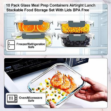 10 Pack Glass Meal Prep Containers Airtight Stackable BPA Free Food Storage Set for Microwave Oven