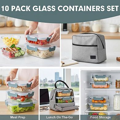 10 Pack Glass Meal Prep Containers Airtight Stackable BPA Free Food Storage Set for Microwave Oven
