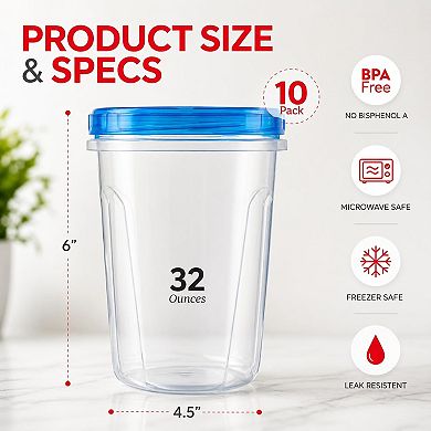 10 Pack 32 Oz Freezer Storage Containers Leak-Proof-BPA Free Soup Containers with Lids-for Meal Prep