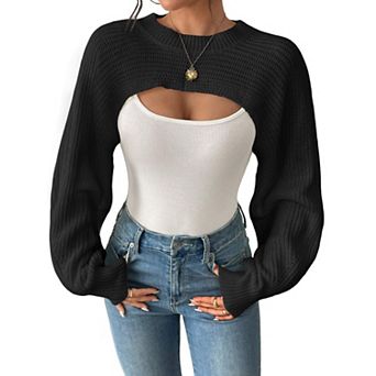 Womens Cutout Ribbed Knit Arm Warmer Cropped Sweaters Long Lantern Sleeve Lightweight Bolero Shrugs