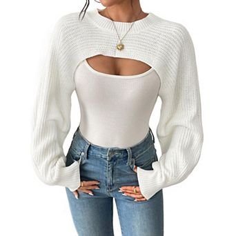 Womens Cutout Ribbed Knit Arm Warmer Cropped Sweaters Long Lantern Sleeve Lightweight Bolero Shrugs