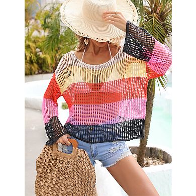 Women's Hollow Out Cover Up Knit Top Long Sleeve Colorblock Casual