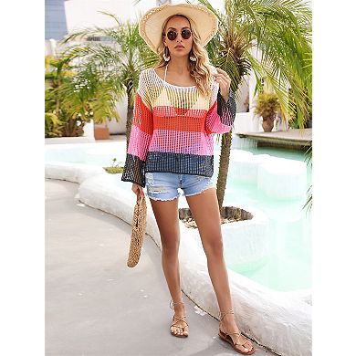 Women's Hollow Out Cover Up Knit Top Long Sleeve Colorblock Casual