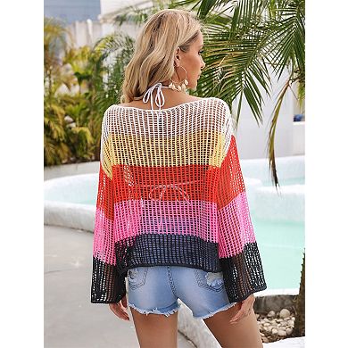 Women's Hollow Out Cover Up Knit Top Long Sleeve Colorblock Casual