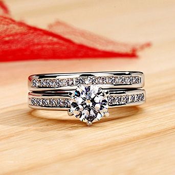 Delicate Women's Brass Cubic Zirconia 2 pc Engagement Ring Set