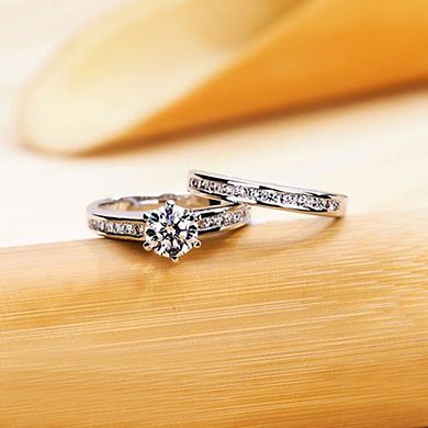 Delicate Women's Brass Cubic Zirconia 2-Piece Engagement Ring Set
