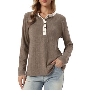 Ribbed Color Block Top for Women's Long Sleeve Crew Neck Casual Henley T Shirt