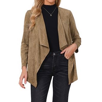 Women's Faux Suede Cardigan Lapel Draped Open Front Long Sleeve Lightweight Fall Jacket Work Outwear