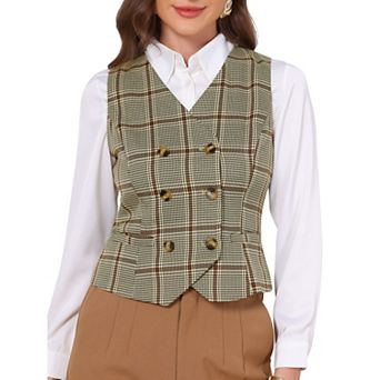 Plaid Suit Vest for Women's Sleeveless Houndstooth Gilet V Neck Double Breasted Waistcoat
