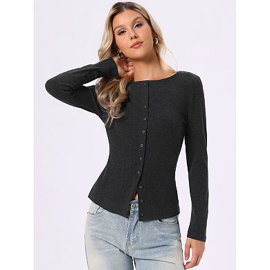 Knit Top for Women's Long Sleeve Button Down Fitted Solid Casual Cardigan