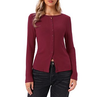 Knit Top for Women's Long Sleeve Button Down Fitted Solid Casual Cardigan