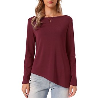 Women's Boat Neck Blouse Asymmetric Hem Side Split Long Sleeve Casual Fall Winter Tunic T-Shirts Top