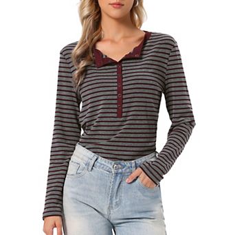 Striped Blouse for Women's Long Sleeve Round Neck Button Casual T-Shirts Top