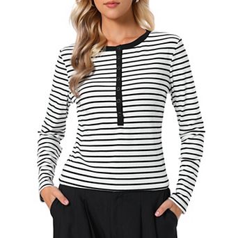 Striped Blouse for Women's Long Sleeve Round Neck Button Casual T-Shirts Top